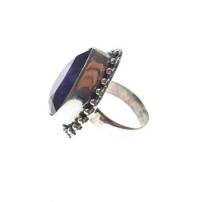 925 Sterling Silver Vintage Real Amethyst Beaded Oxidized Ring Size 5.75