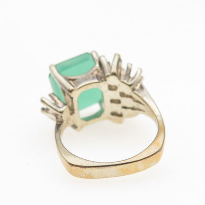 925 Sterling Gold Plated Vintage Real Green Chalcedony Modernist Ring Size 5.25