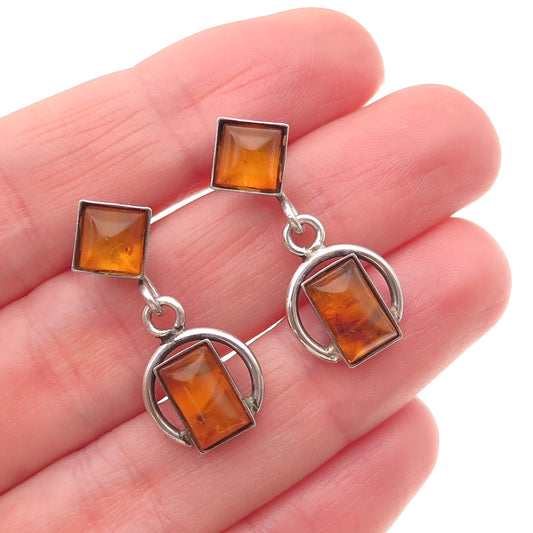 925 Sterling Silver Vintage Real Amber Modernist Oxidized Dangle Earrings
