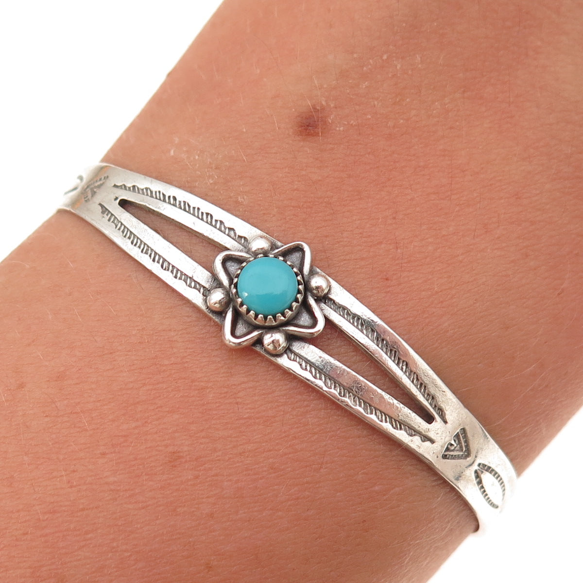 Old Pawn 925 Sterling Silver Vintage Kingman Turquoise Adjustable Bracelet 4.75"