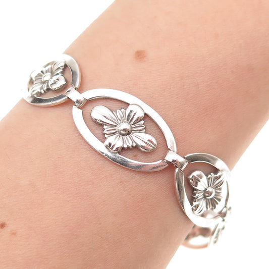 925 Sterling Silver Antique Art Deco Floral Oxidized Bracelet 7.25"
