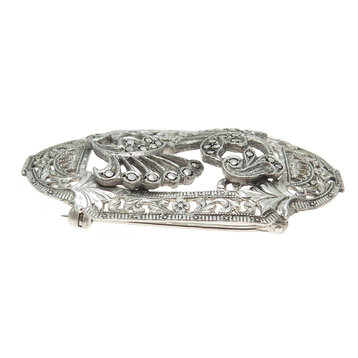 925 Sterling Silver Antique Art Deco Marcasite Gem Floral Leaf Ornate Brooch