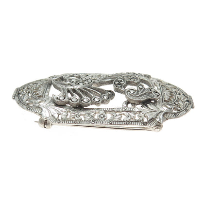 925 Sterling Silver Antique Art Deco Marcasite Gem Floral Leaf Ornate Brooch