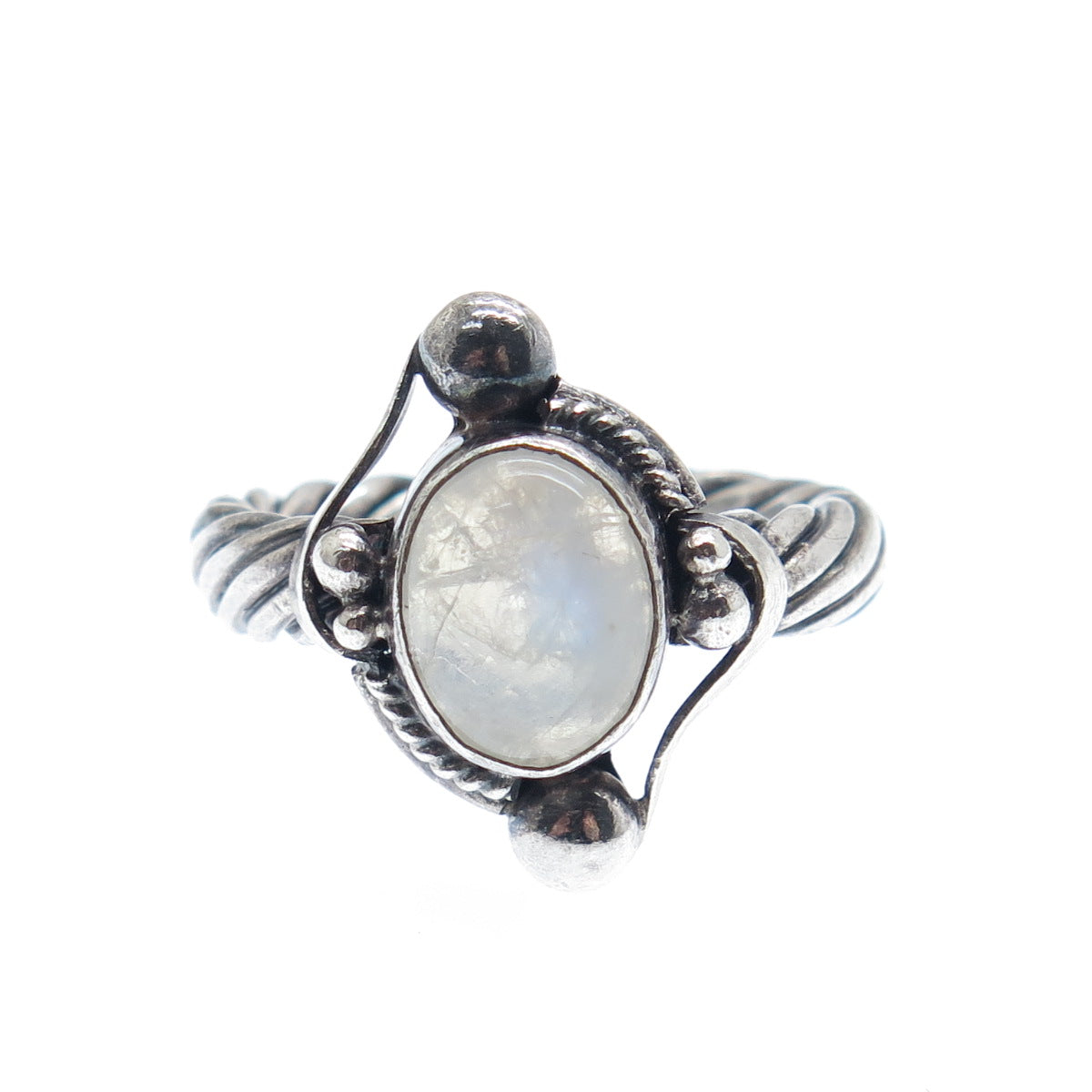 925 Sterling Silver Vintage Real Moonstone Beaded Oxidized Ring Size 5.75