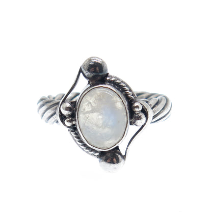 925 Sterling Silver Vintage Real Moonstone Beaded Oxidized Ring Size 5.75