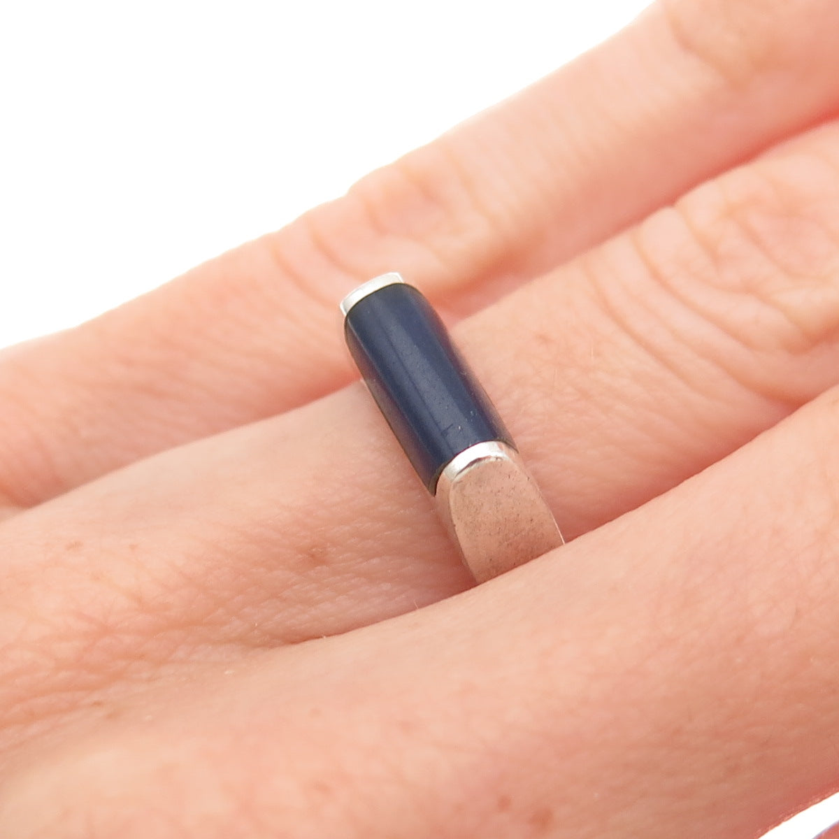 925 Sterling Silver Vintage Mexico Real Lapis Modernist Oxidized Ring Size 6