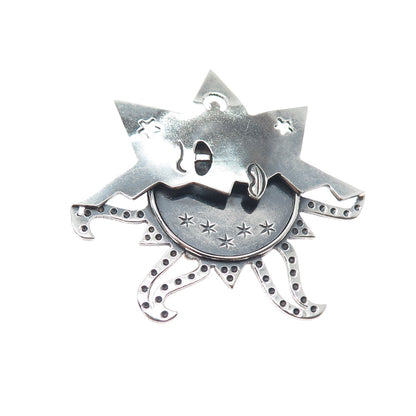 925 Sterling Silver Vintage Mexico Eclipse Sun & Moon Oxidized Pin Brooch