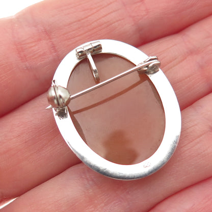 900 Silver 2-Tone Vintage Real MOP Carved Lady Cameo Pin Brooch / Pendant