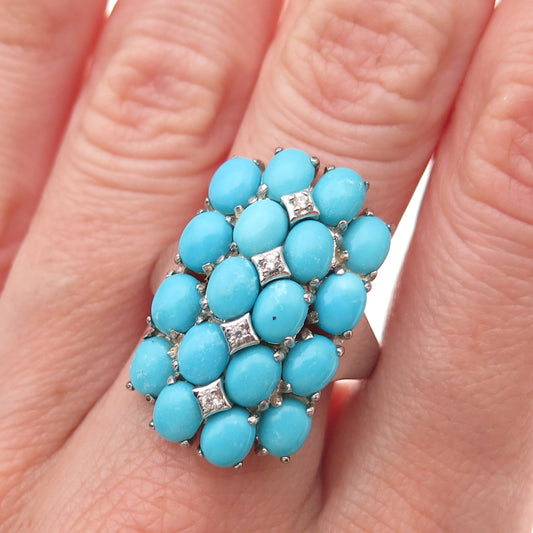 925 Sterling Silver Real Sleeping Beauty Turquoise & White Topaz Ring Size 8