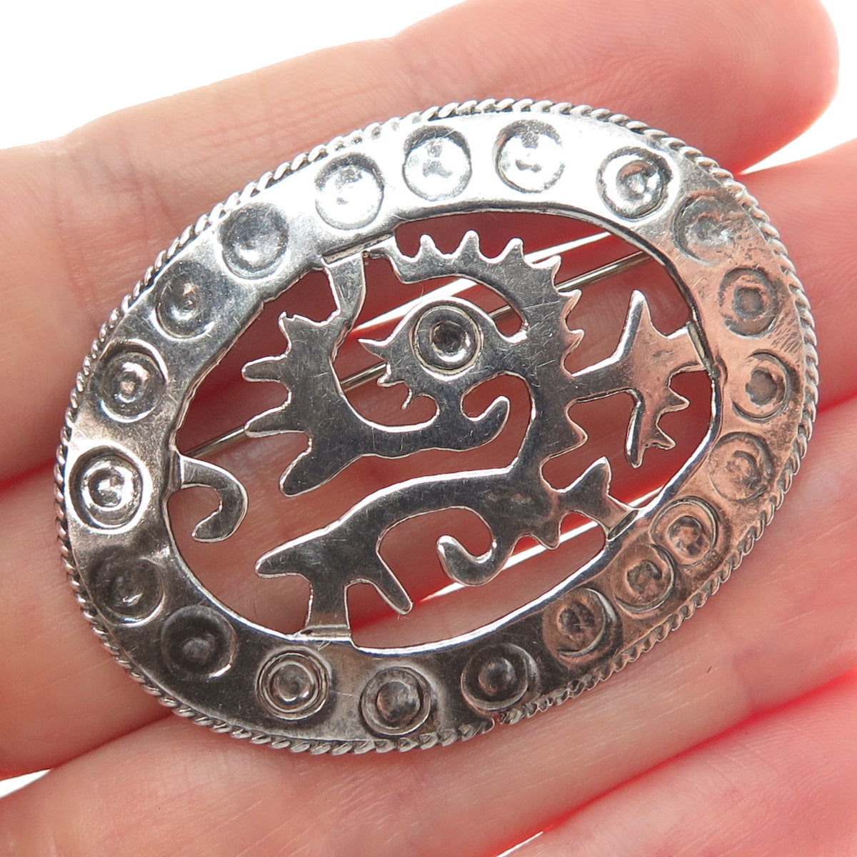 925 Sterling Silver Vintage Mexico Aztec God Quetzalcoatl Oxidized Pin Brooch