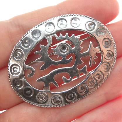 925 Sterling Silver Vintage Mexico Aztec God Quetzalcoatl Oxidized Pin Brooch