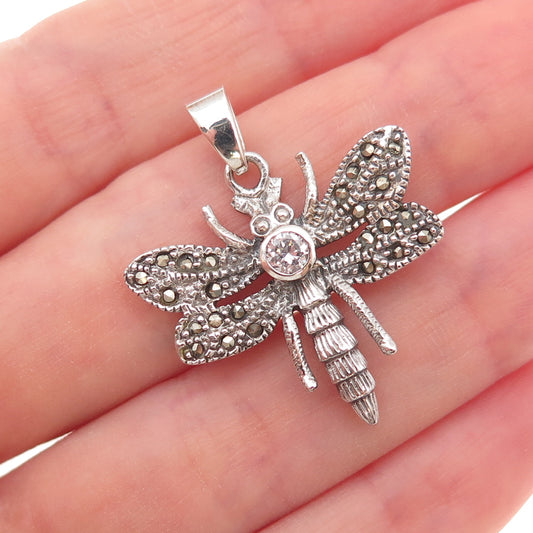 925 Sterling Silver Vintage Real Marcasite & C Z Dragonfly Charm Pendant