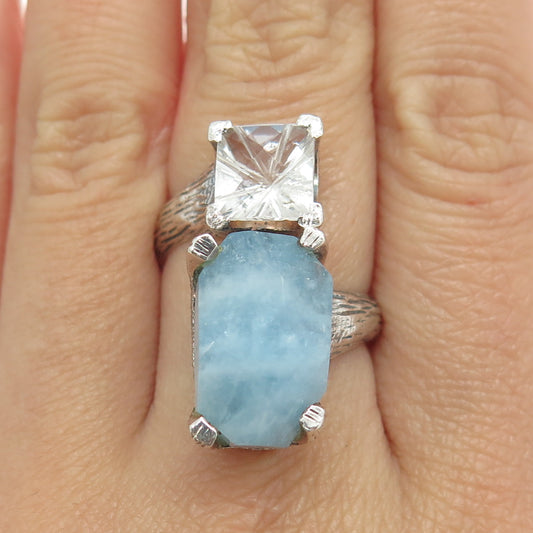 NEO GUYOT Sterling Silver Vintage Real Milky Aquamarine & Crystal Ring Size 8.5