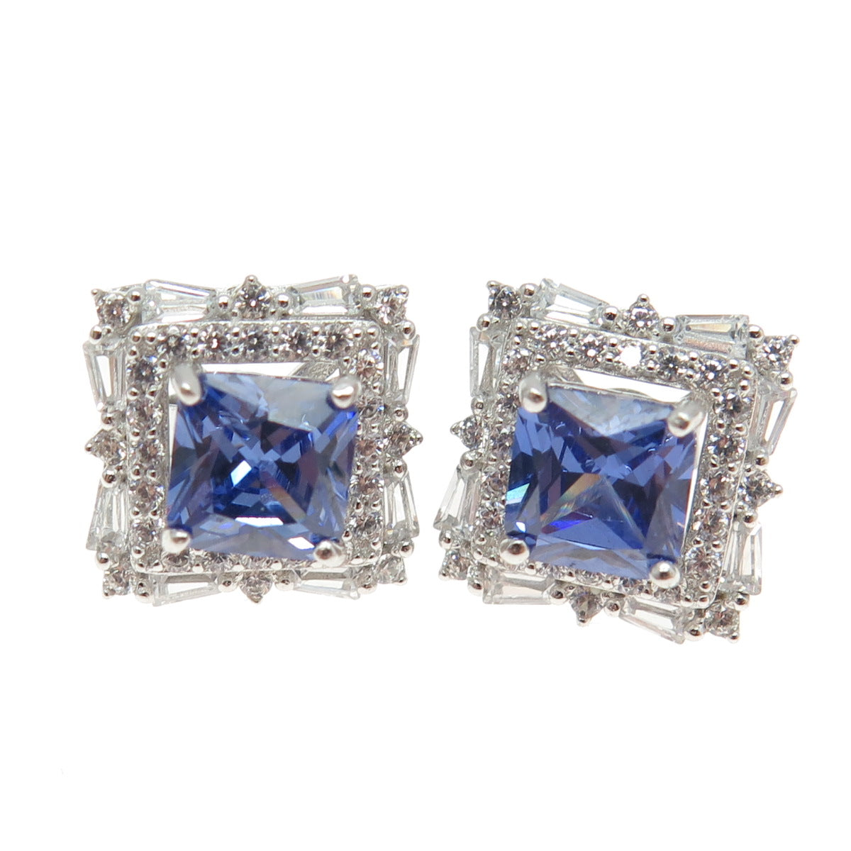 925 Sterling Silver White & Blue C Z Stud Earrings