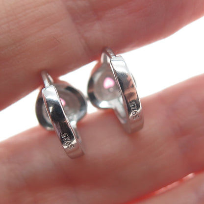 925 Sterling Silver Heart-Cut Pink & Round-Cut White C Z Hoop Earrings