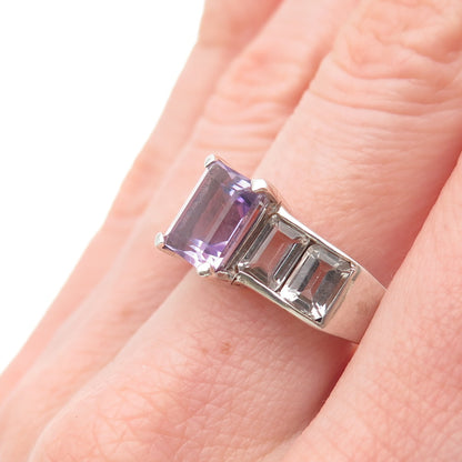 925 Sterling Silver Vintage Real Emerald-Cut Amethyst & White Topaz Ring Size 8