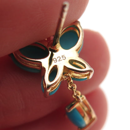 925 Sterling Silver Gold Plated Real Turquoise Butterfly Dangle Earrings