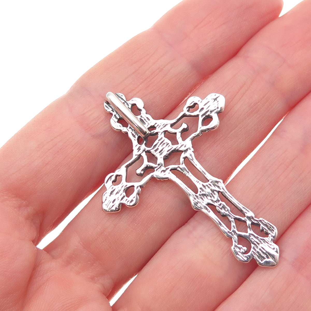 925 Sterling Silver Vintage Fleur de Lis Cross Oxidized Slide Pendant