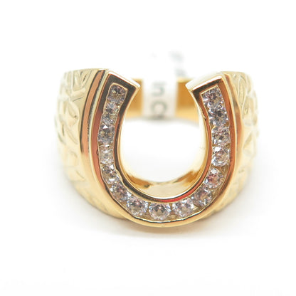 925 Sterling Silver Gold Plated Pave C Z Horseshoe For Good Luck Ring Size 7