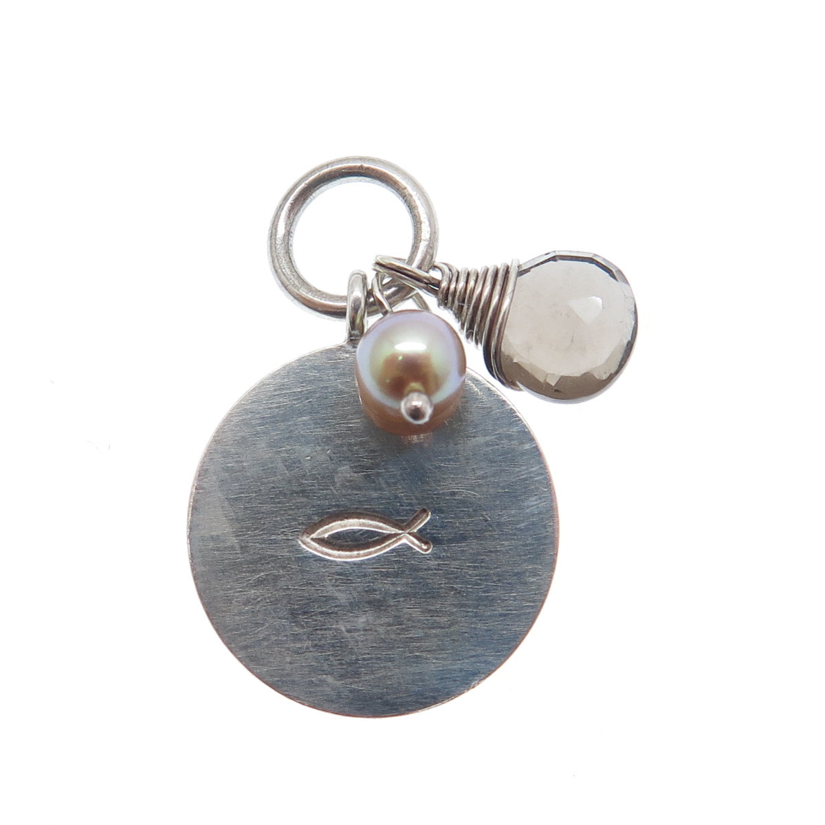LOTUS 925 Sterling Silver Vintage Real Pearl Smoky Quartz Ichthys Charm Pendant