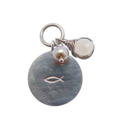LOTUS 925 Sterling Silver Vintage Real Pearl Smoky Quartz Ichthys Charm Pendant