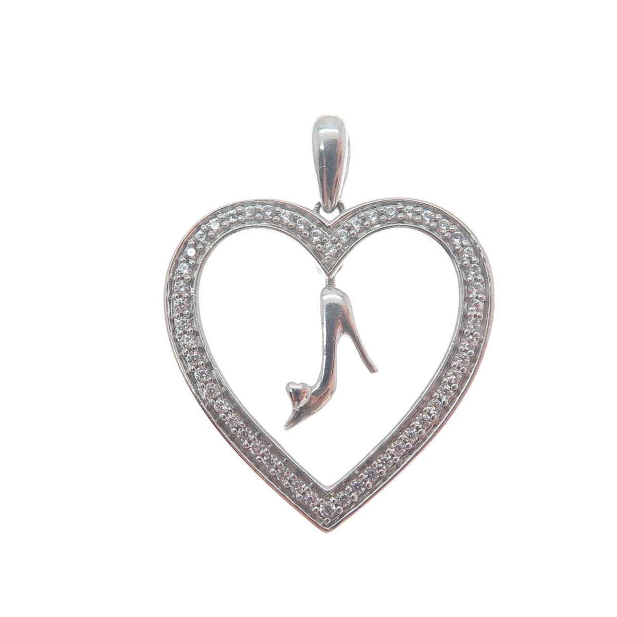 925 Sterling Silver Round-Cut C Z Ladies High Heel Shoe Heart Charm Pendant