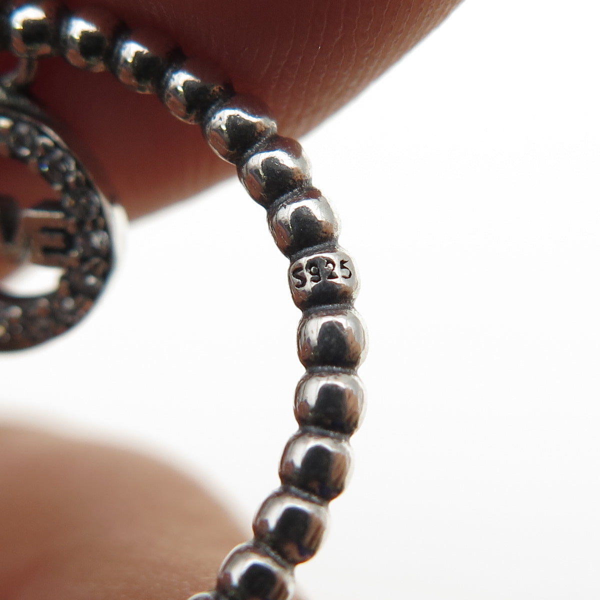 925 Sterling Silver Round-Cut C Z Love Dangle Charm Beaded Band Ring Size 7.75