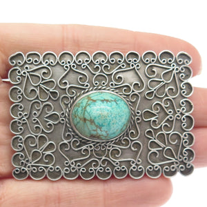 925 Sterling Silver Vintage Kingman Turquoise Gem Ornate Oxidized Pin Brooch