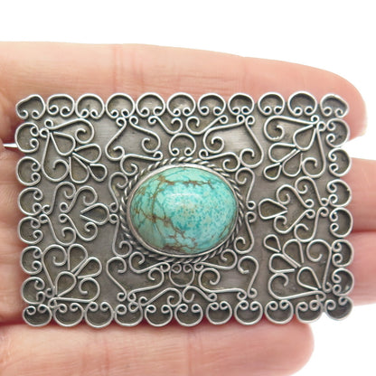 925 Sterling Silver Vintage Kingman Turquoise Gem Ornate Oxidized Pin Brooch