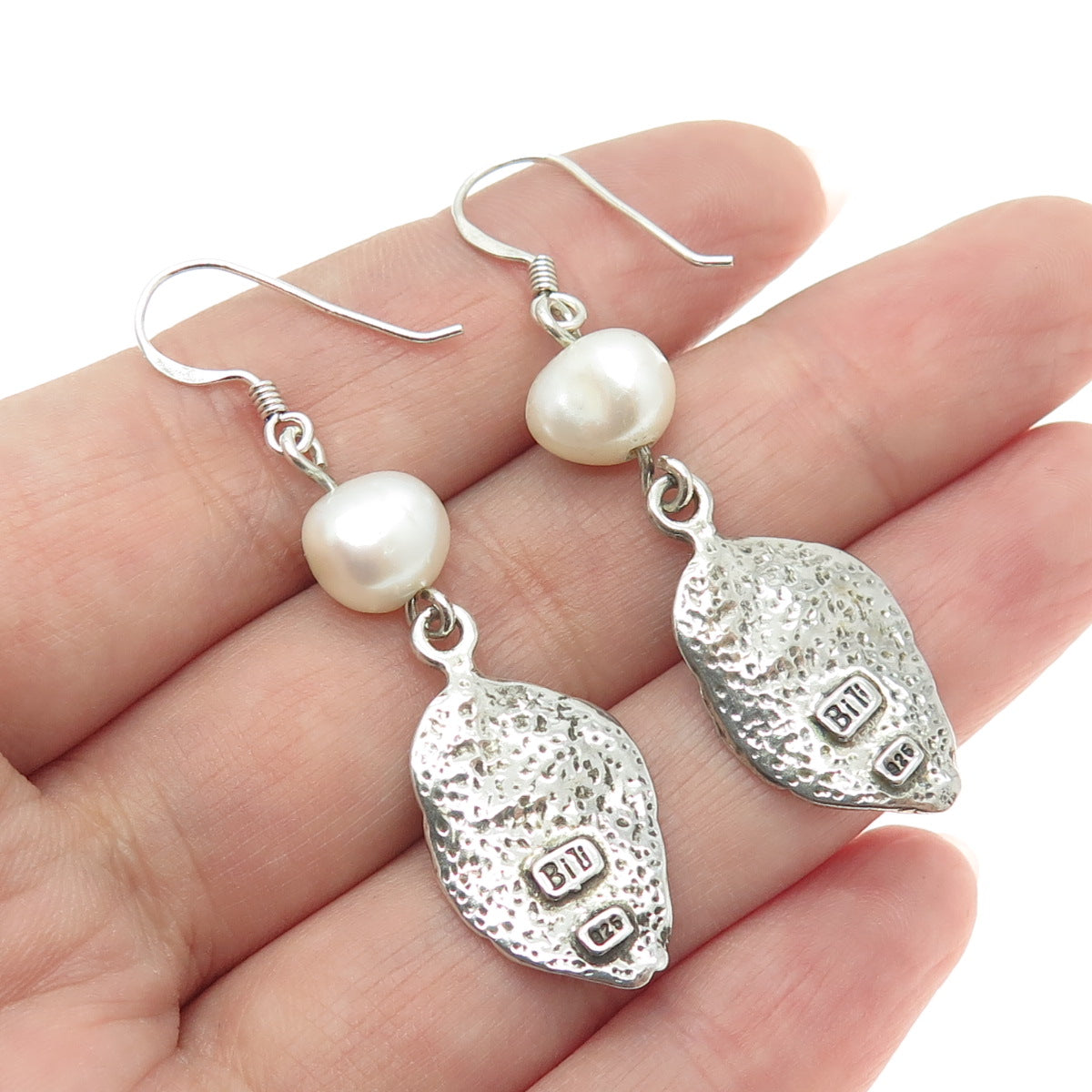 BILI 925 Sterling Silver Vintage Real Pearl  Floral Leaf Oxidized Earrings