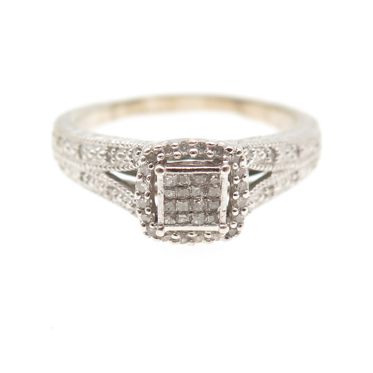 925 Sterling Silver Real Princess & Round-Cut Diamond Engagement Ring Size 9.25