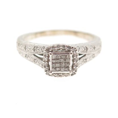 925 Sterling Silver Real Princess & Round-Cut Diamond Engagement Ring Size 9.25