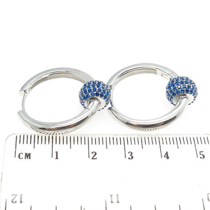 925 Sterling Silver Round-Cut Blue C Z Charm Hoop Earrings