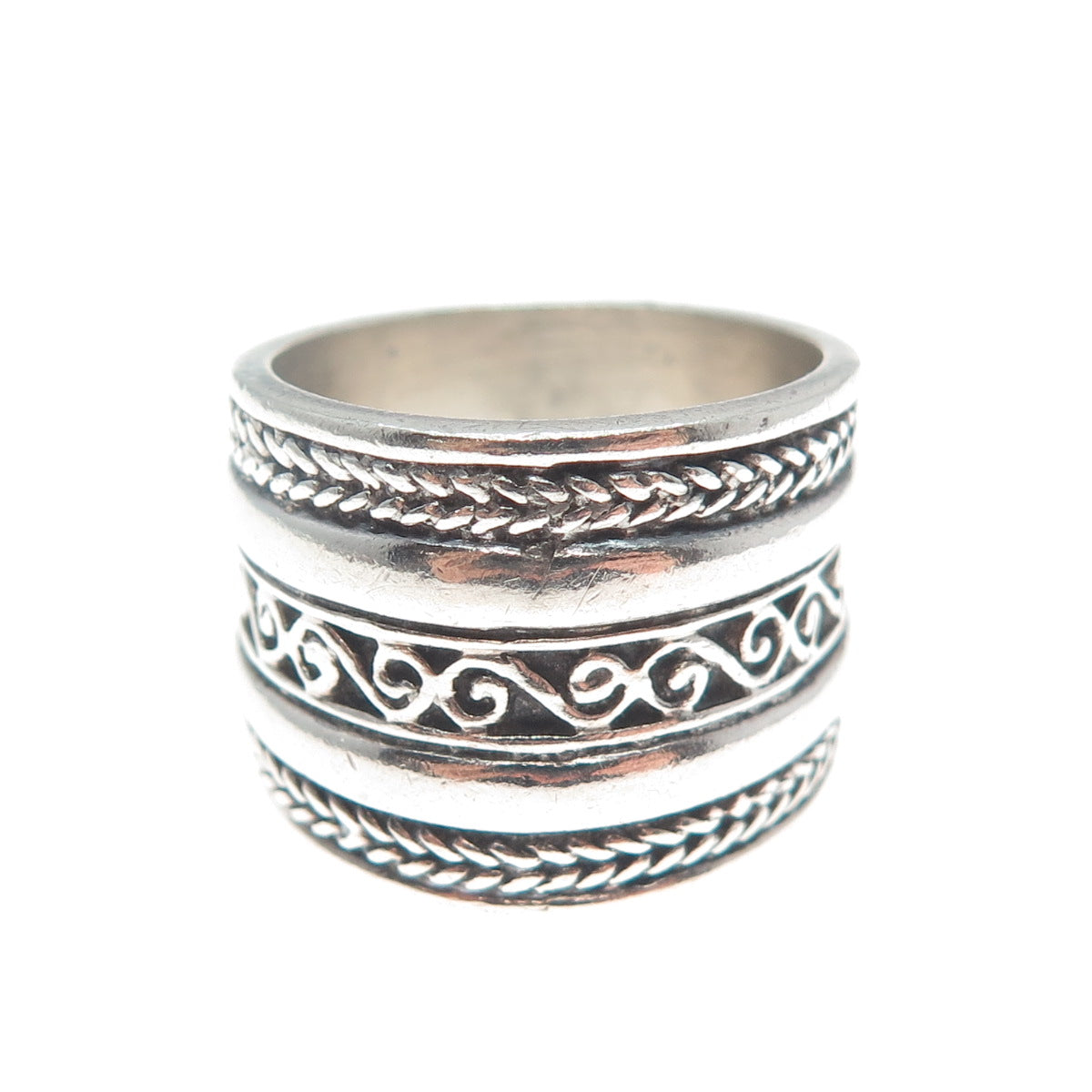 925 Sterling Silver Vintage Wheat Braided Swirl Wide Band Ring Size 7.5