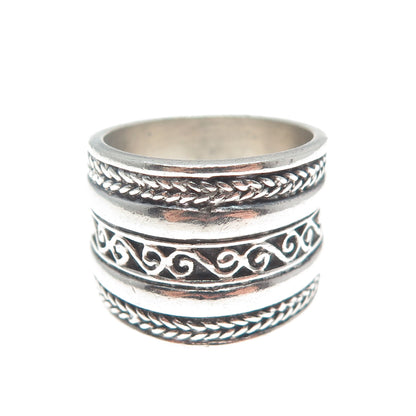 925 Sterling Silver Vintage Wheat Braided Swirl Wide Band Ring Size 7.5