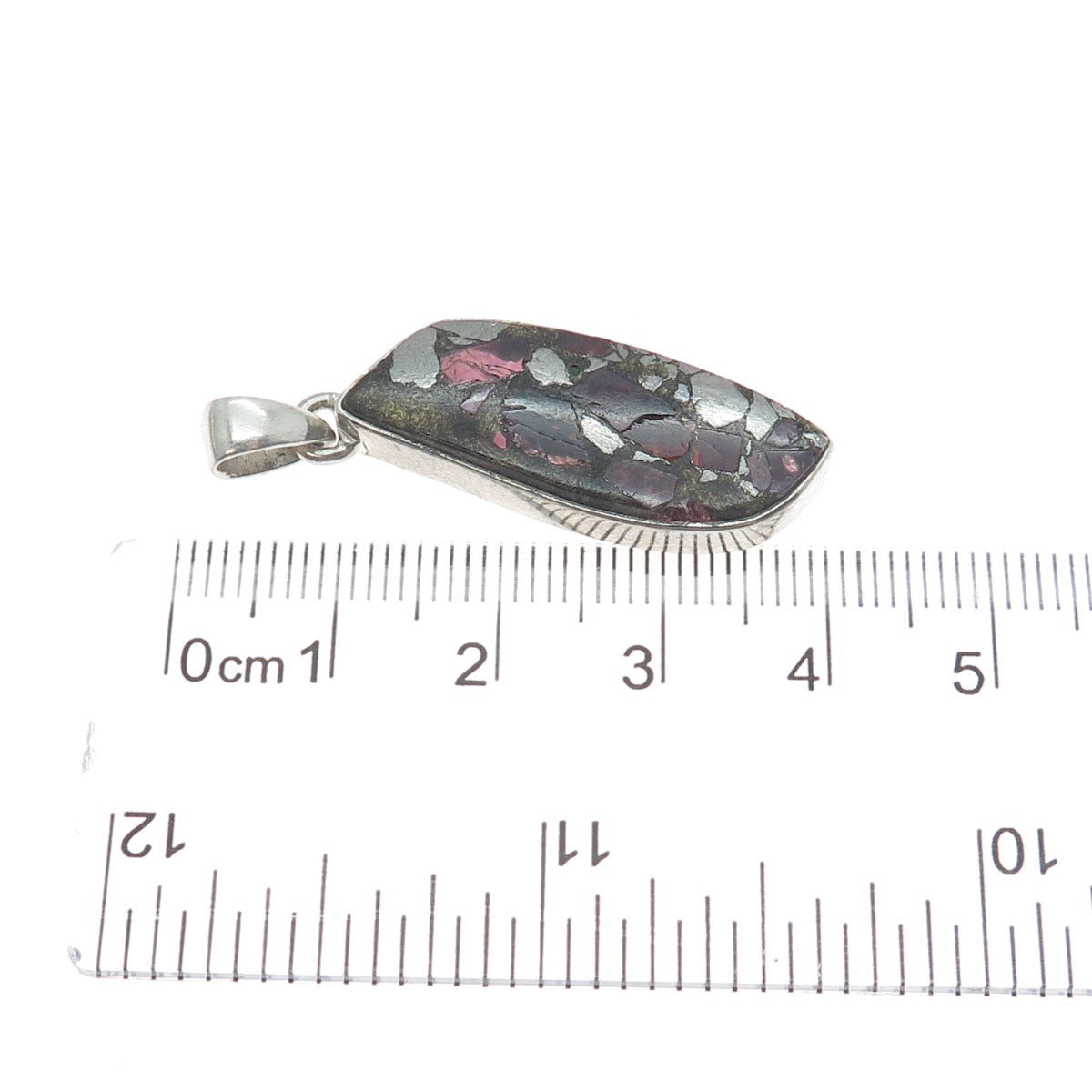 925 Sterling Vintage Real Pyrite Tourmaline & Red Garnet Inlay Modernist Pendant