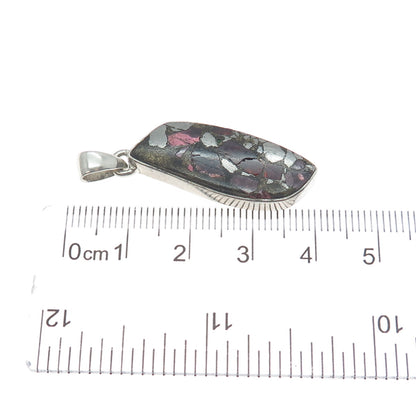 925 Sterling Vintage Real Pyrite Tourmaline & Red Garnet Inlay Modernist Pendant