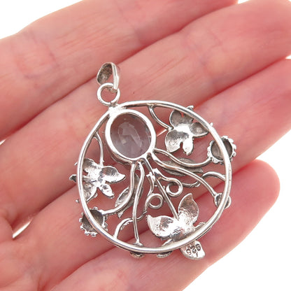 925 Sterling Silver Vintage Real Blue Topaz Floral Oxidized Charm Pendant