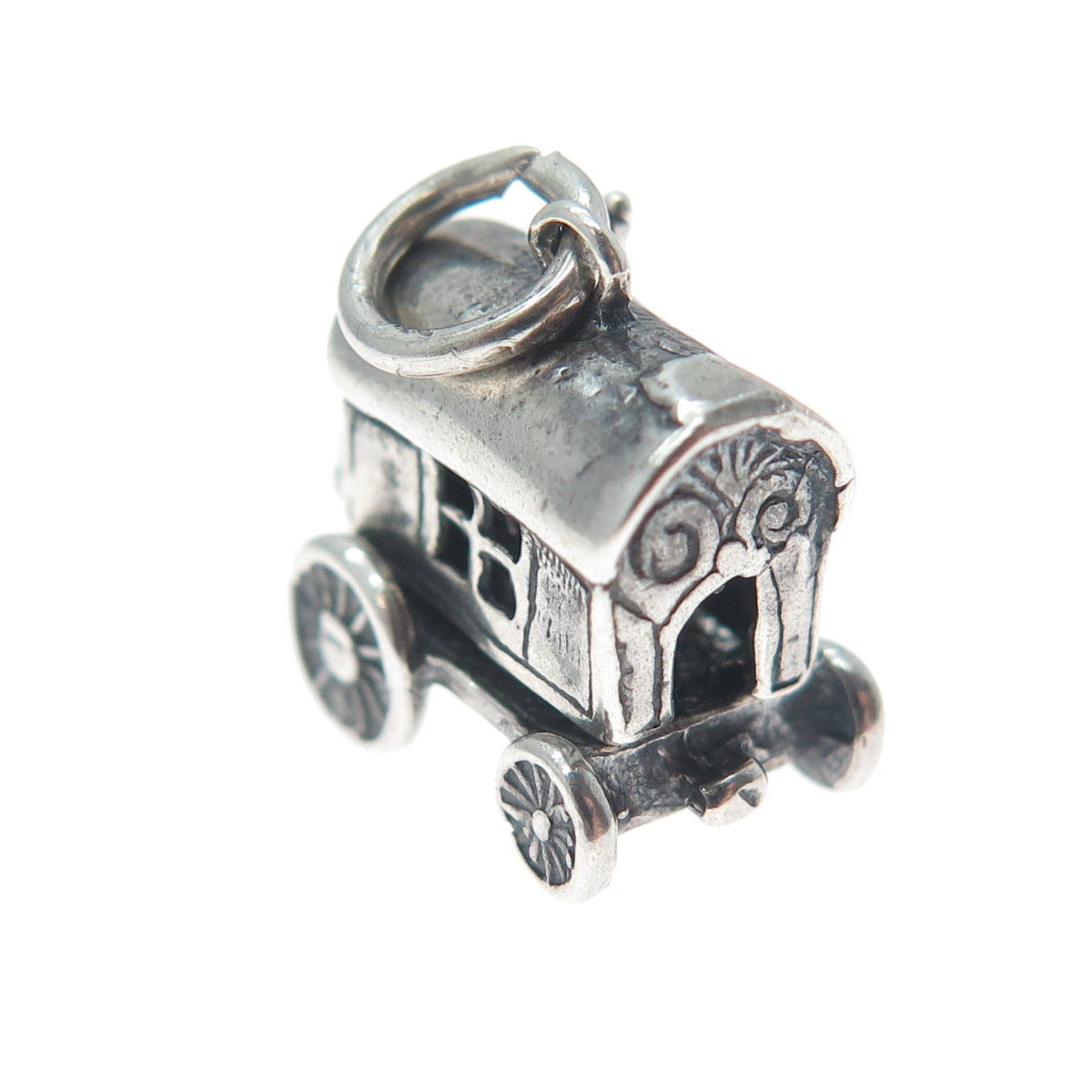 925 Sterling Silver Vintage Travel Wagon Oxidized Minimalist 3D Charm Pendant