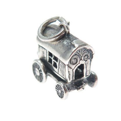 925 Sterling Silver Vintage Travel Wagon Oxidized Minimalist 3D Charm Pendant