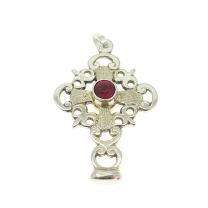 925 Sterling Silver 2-Tone Antique Red Rhinestone Cross Ornate Pendant