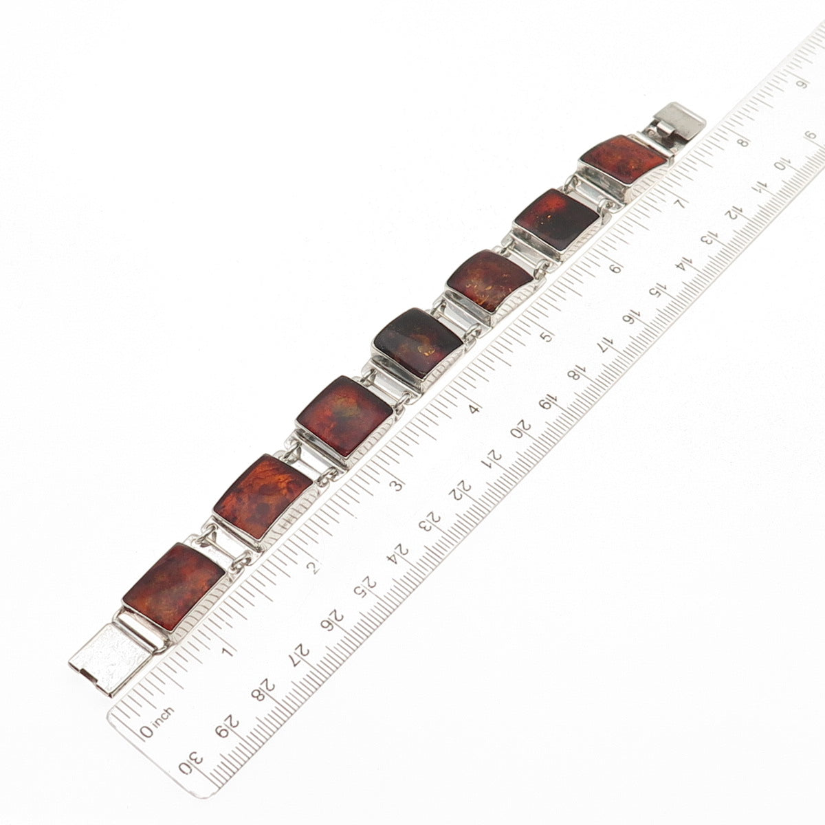 925 Sterling Silver Vintage Poland Real Amber Modernist Oxidized Bracelet 7.25"