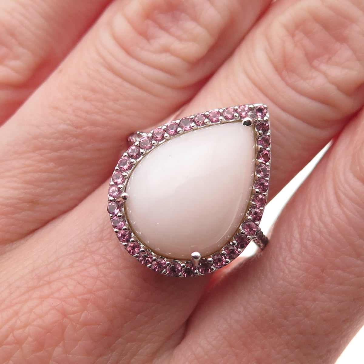 925 Sterling Silver Real Rose Quartz & Amethyst Teardrop Ring Size 8
