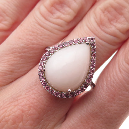925 Sterling Silver Real Rose Quartz & Amethyst Teardrop Ring Size 8