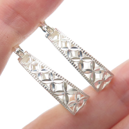 925 Sterling Silver Vintage Mexico Diamond-Cut Flower Hoop Earrings