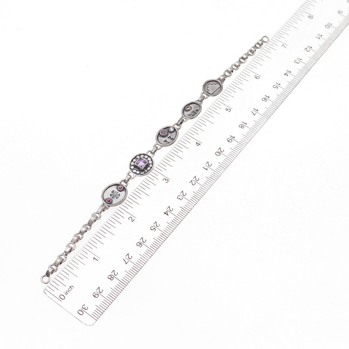 925 Sterling Silver Vintage Real Amethyst & Citrine Bracelet 7" (missing lock)