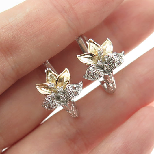 925 Sterling Silver 2-Tone Real Round-Cut Diamond Lily Flower Hoop Earrings