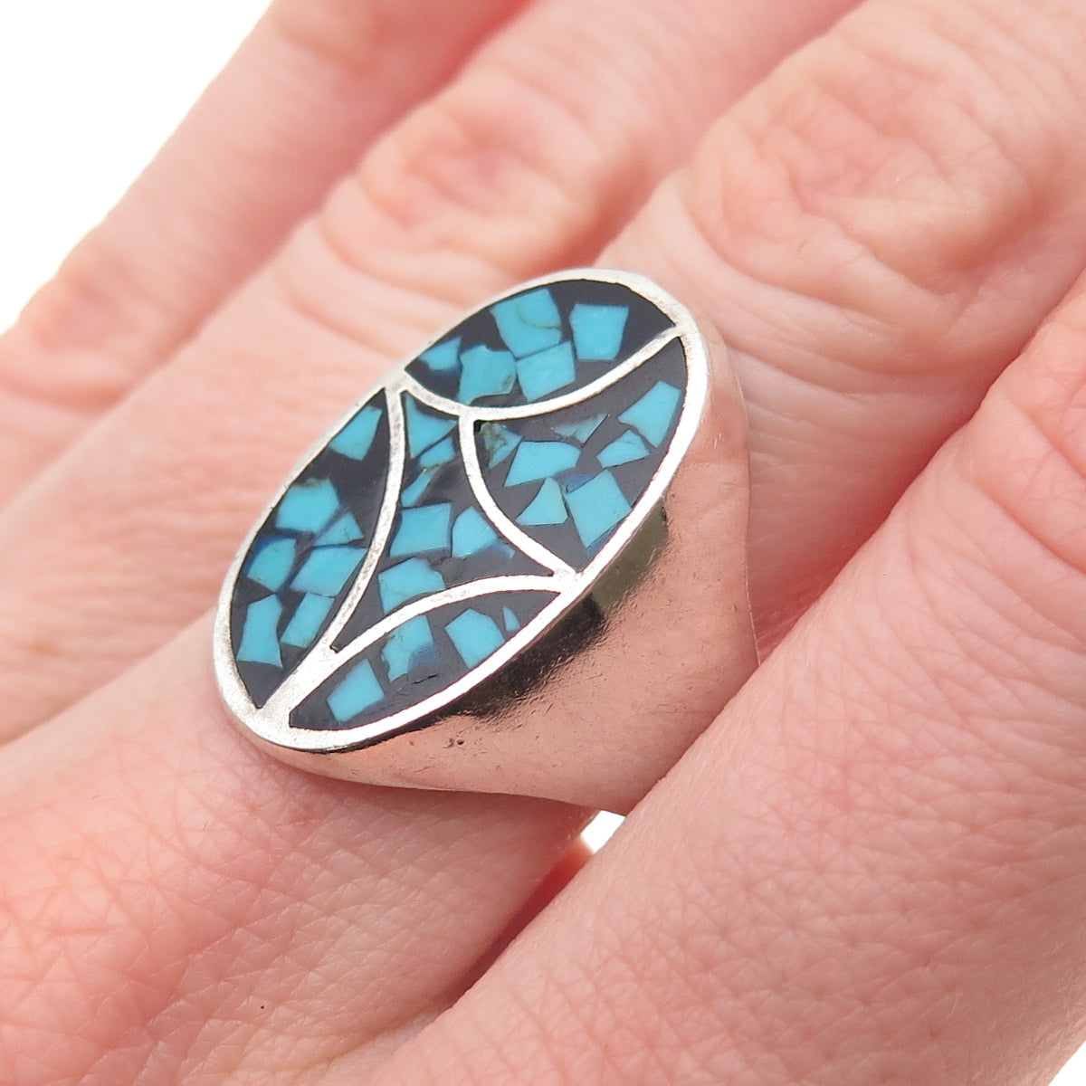 Old Pawn Sterling Silver Vintage Southwestern Turquoise Inlay Tribal Ring Size 8