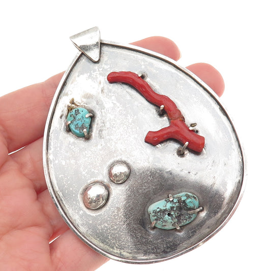 Old Pawn 925 Sterling Silver Vintage Southwestern Turquoise Coral Large Pendant