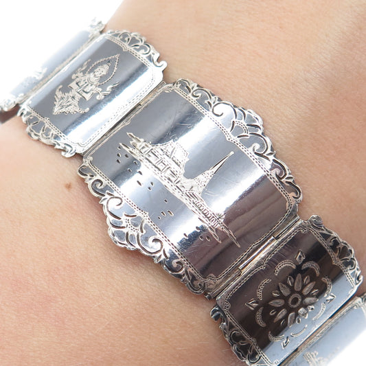 THAI NAKON 925 Sterling Silver Antique Siam Niello Hindu Oxidized Bracelet 7"